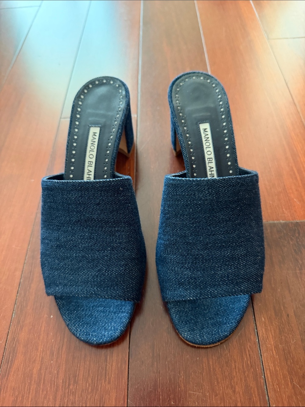 Manolo Blahnik Dark Denim Open-Toe Mules